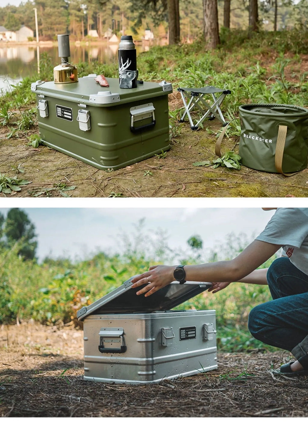 Field green aluminium expandable storage box for camping equipment measuring 58×38×28cm