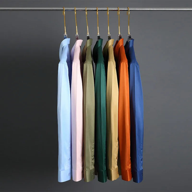 Men's non-ironing long sleeve shirt in solid colour with elastic polyester fabric