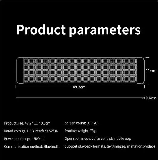 Black flexible LED screen for car rear windshield with Bluetooth control and USB power cable