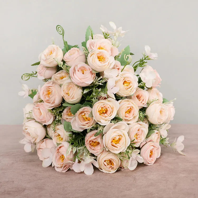 Simulated 5-prong wedding rose bouquet with 10 spring roses in five colours, 30cm length