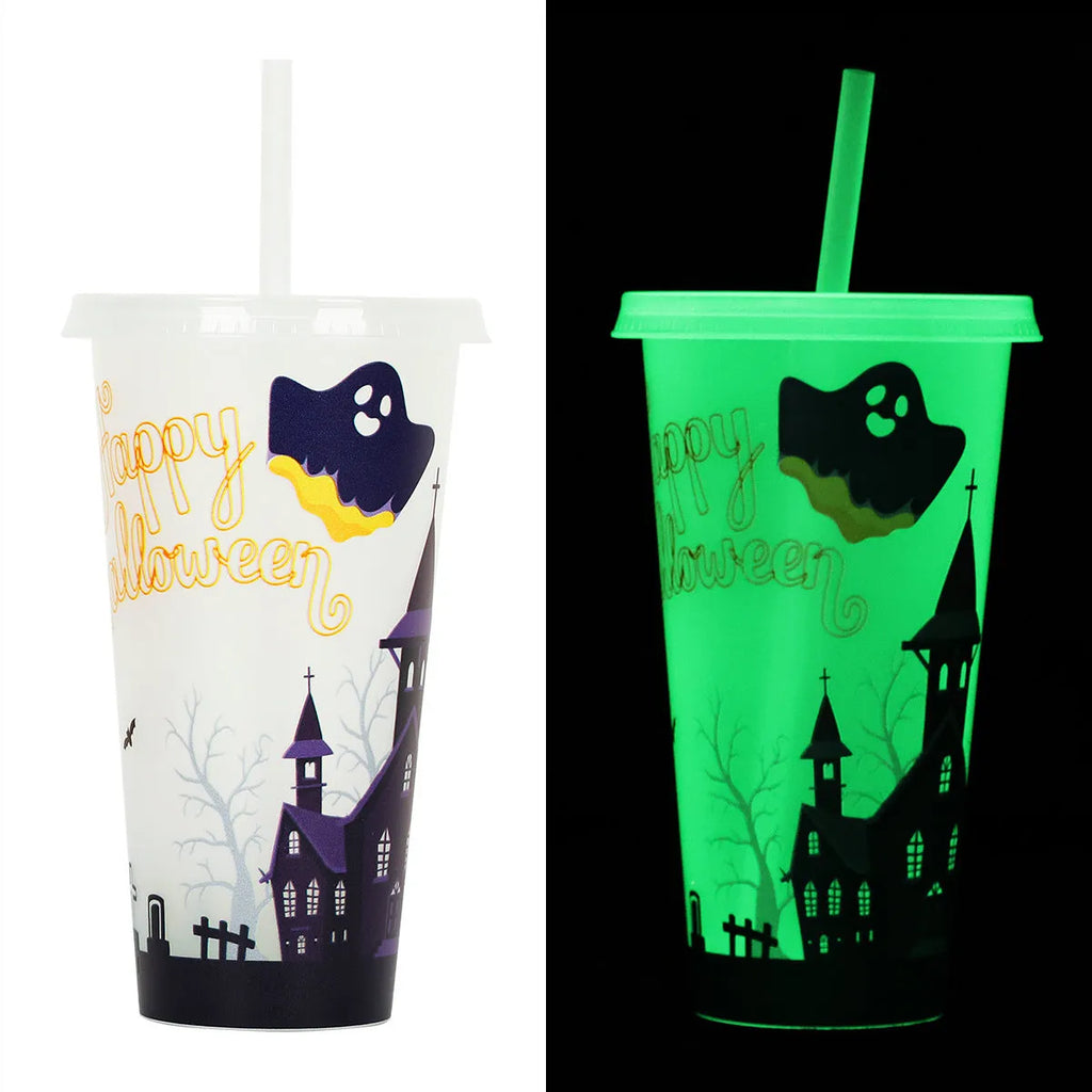 Halloween luminous straw cup 720ml PP plastic reusable coloured cylinder cup