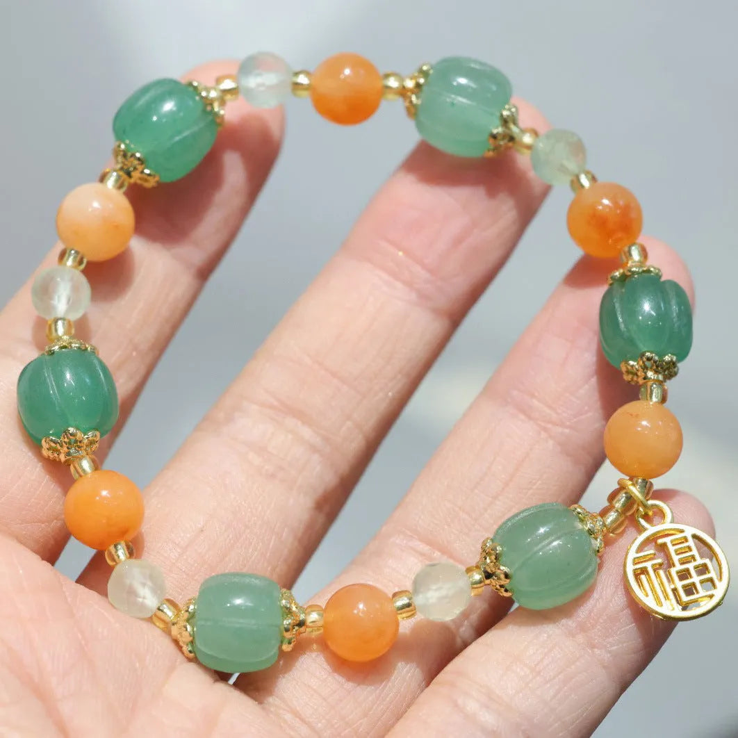 Jinsi Jade Duobao pumpkin bracelet with 9x10mm beads and Prehnite accents for 14-16.5cm wrists