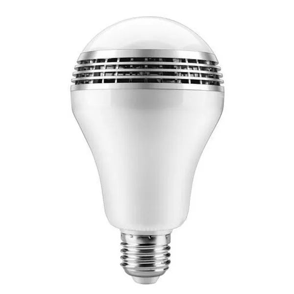 E27 smart LED bulb with Bluetooth speaker functionality showing RGB colour illumination