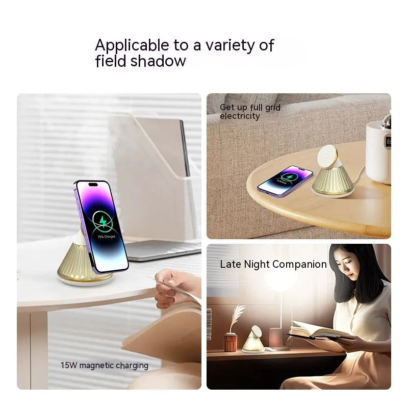 Night table lamp with wireless charging pad showing champagne gold finish and adjustable brightness controls