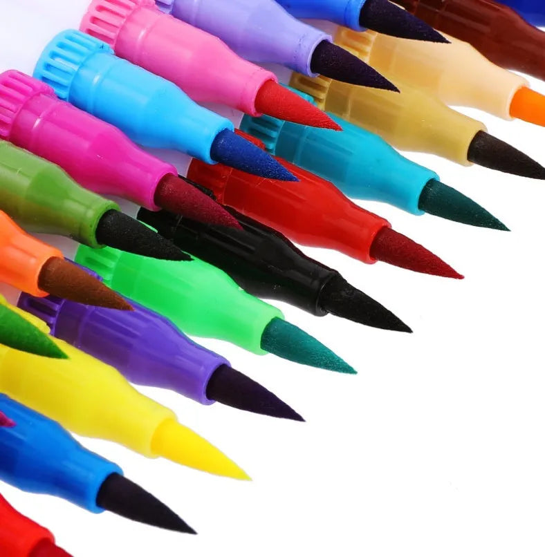 Set of watercolour brush pens with brush tips in a case, showing multiple colour options including reds, blues, and yellows.