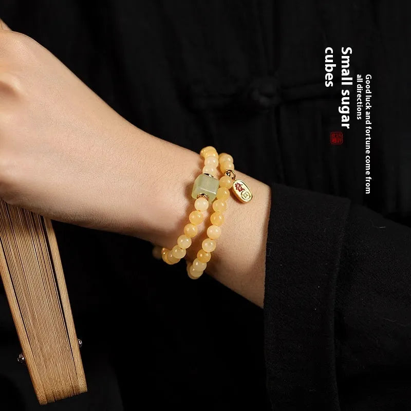 Hand-woven yellow jade topaz bracelet with 6mm mantra beads and fu character retro design