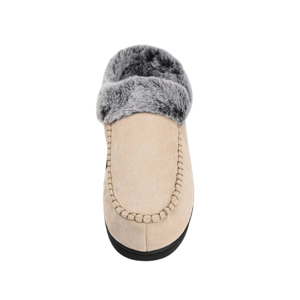 Fleece-lined thickened cotton slippers with plaid pattern and non-slip TPR sole in khaki colour