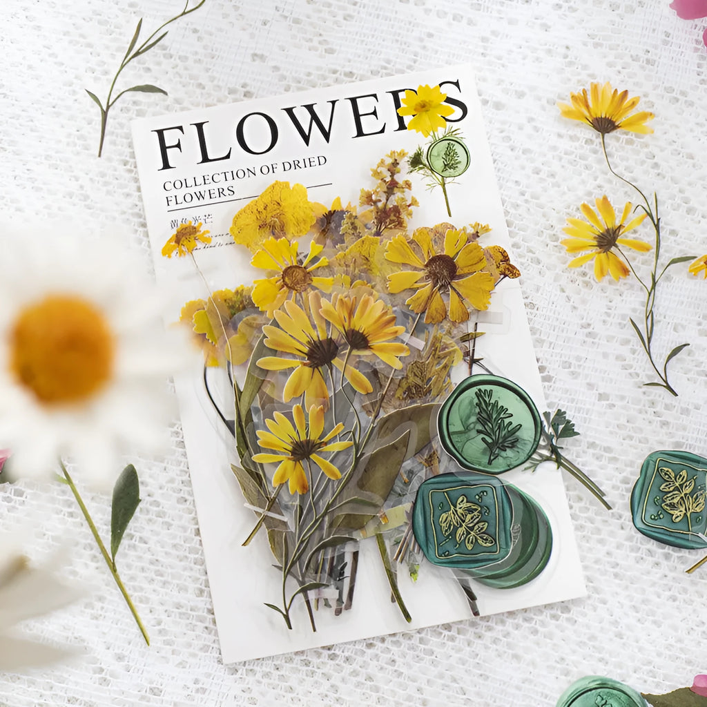 Creative dried flowers journal decoration sticker set with 8 art styles on 40 PET sheets, each measuring 70mm.