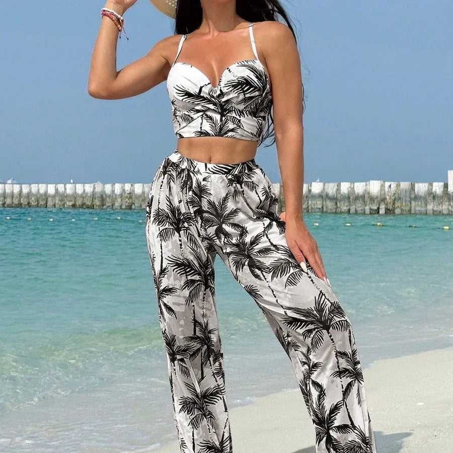 Women's printed bikini three-piece set in black with top and pants, polyester spandex swimwear