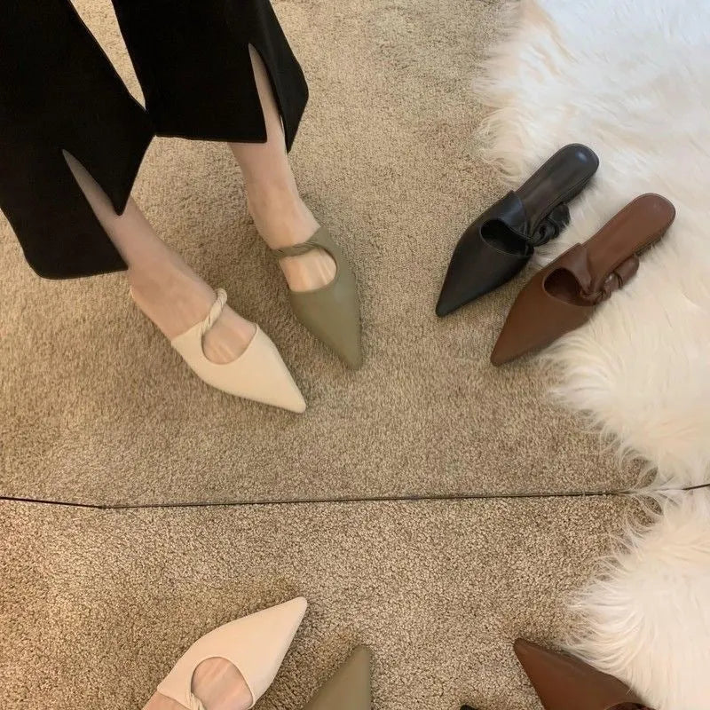 Women's soft leather semi-toe box slippers in black, brown, khaki, and off white colours