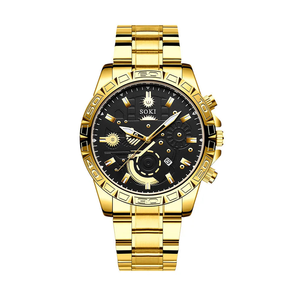 Men's gold-coloured business watch with stainless steel bracelet and calendar display on dial.