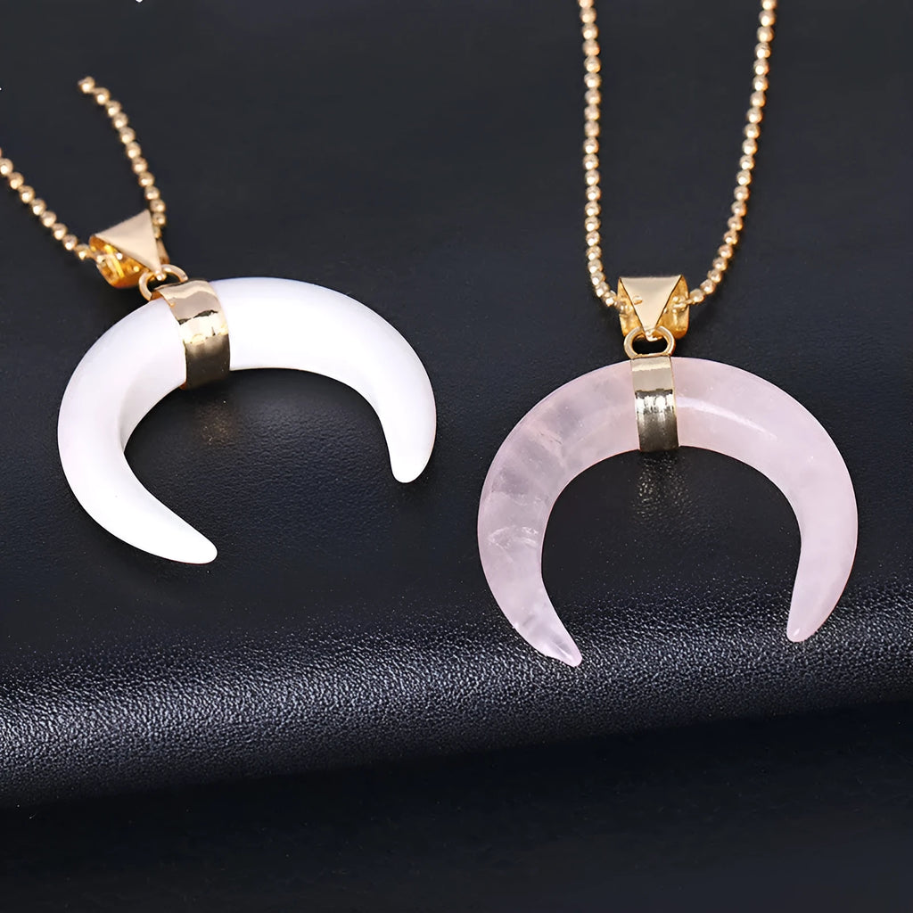 Natural stone moon pendant necklace with 45cm chain in pink or purple colour options