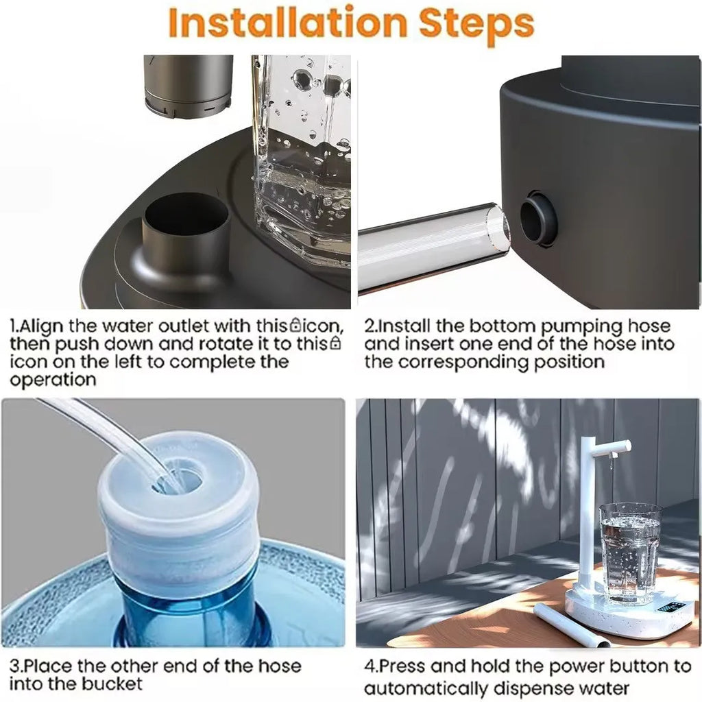 White and blue rechargeable desktop water dispenser pump with LED display on a water bottle.