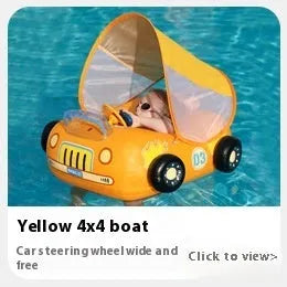 Pink children's inflatable swimming ring with mini steering wheel and sports car boats pattern