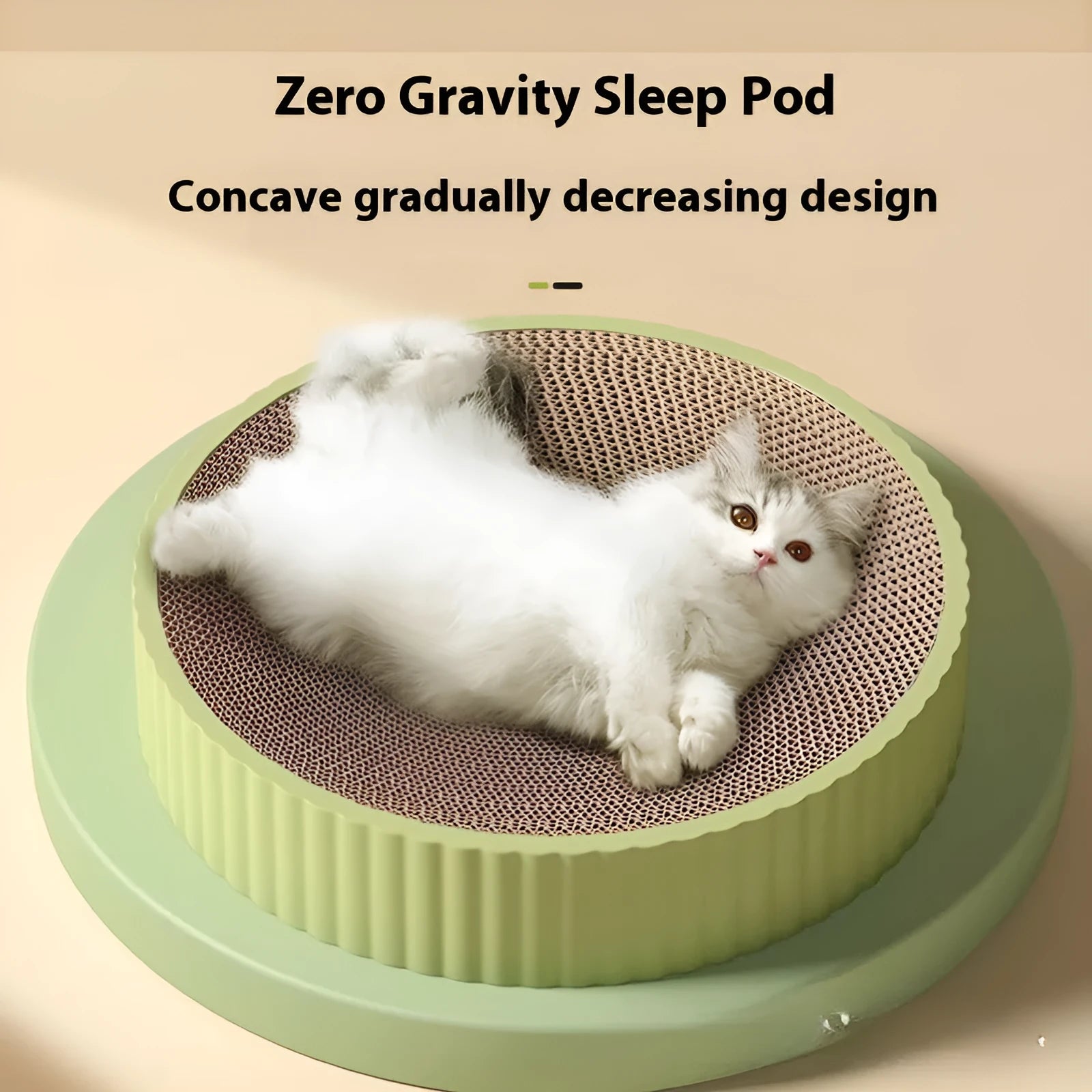 Round green cat scratching board nest with corrugated cardboard surface and two spare refills.