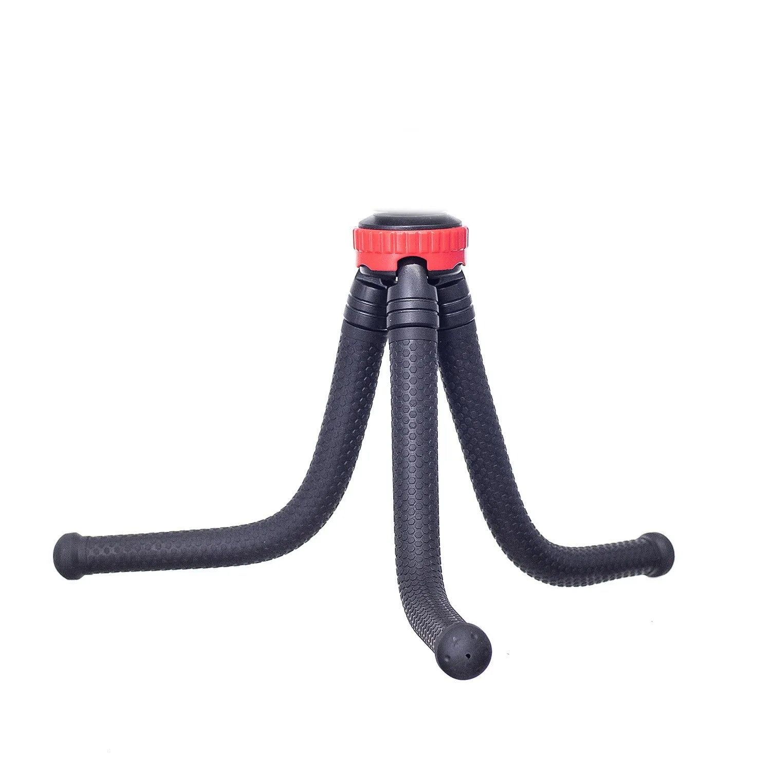 Black octopus tripod with spherical gimbal head wrapped around pole supporting mobile phone
