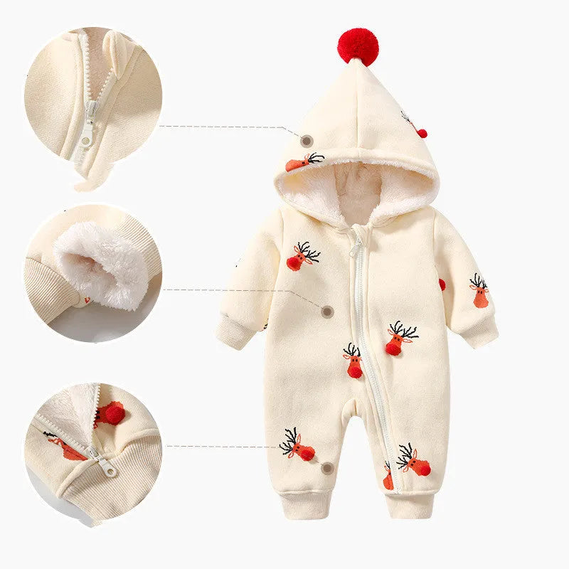 Khaki padded baby crawling suit one-piece with Christmas moose print, Korean style cotton romper