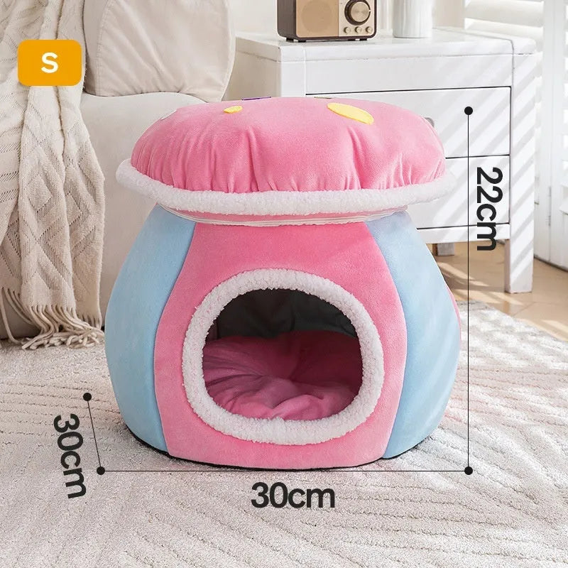 Grey mushroom-shaped plush cat nest bed for pets on a white background.