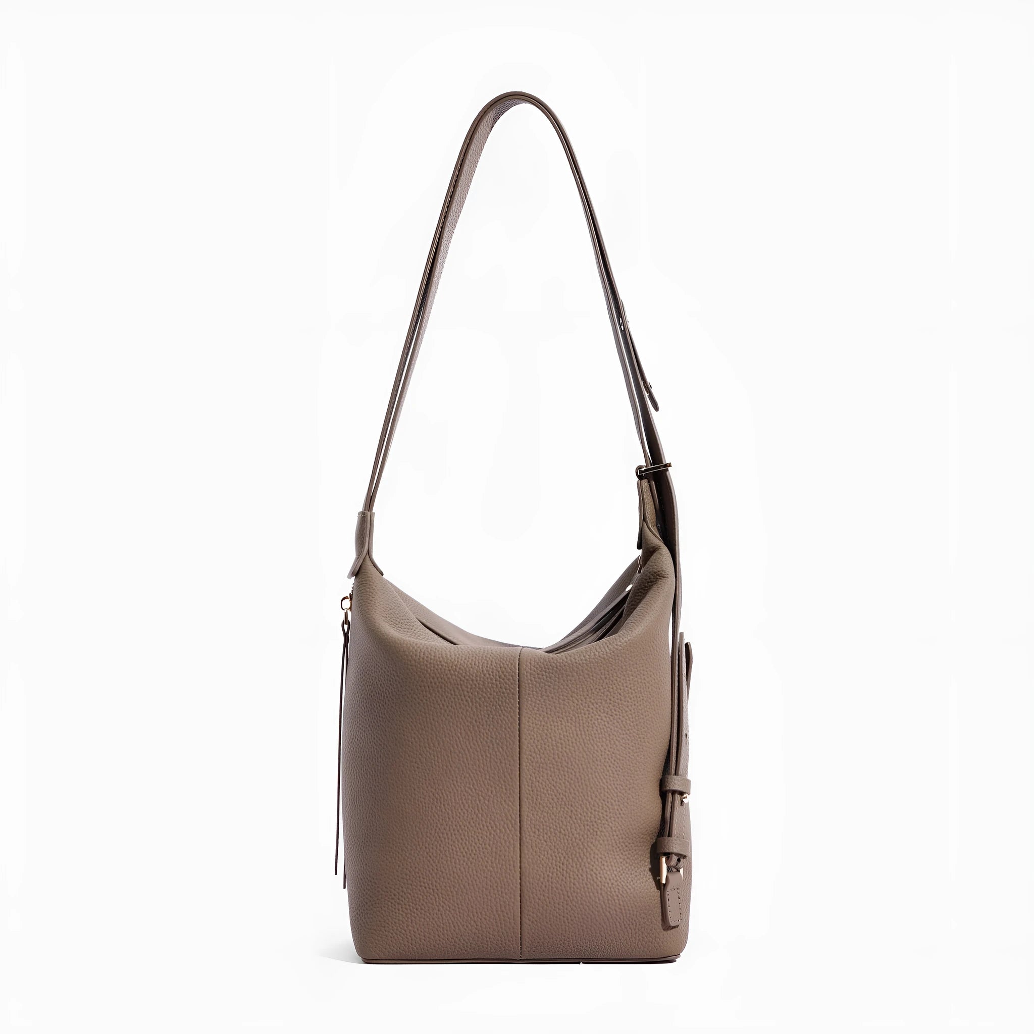 Women's soft genuine leather bucket shoulder bag in elephant grey colour showing casual style and large capacity