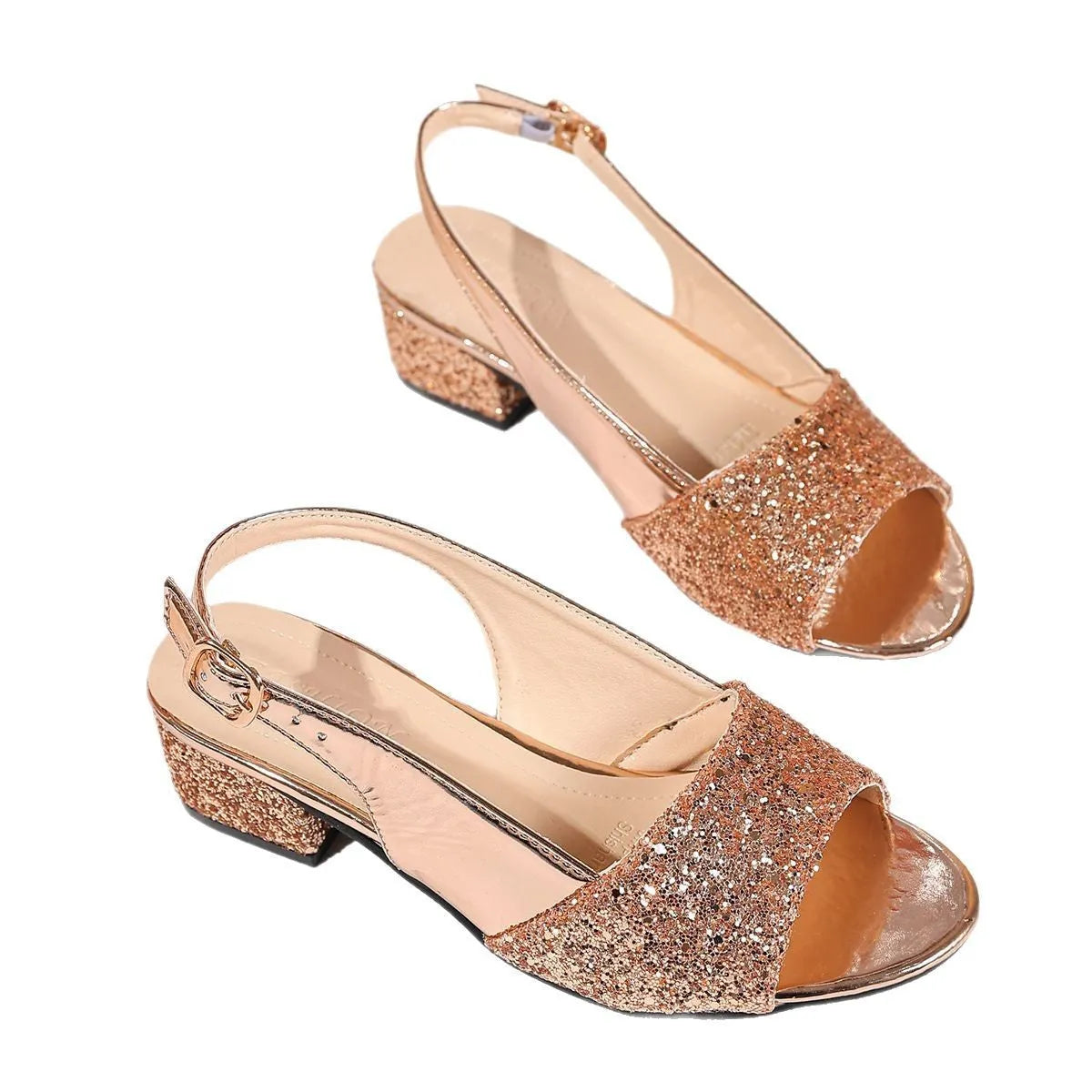 Open toe buckle sandals with fish mouth design in silver and gold metallic finishes