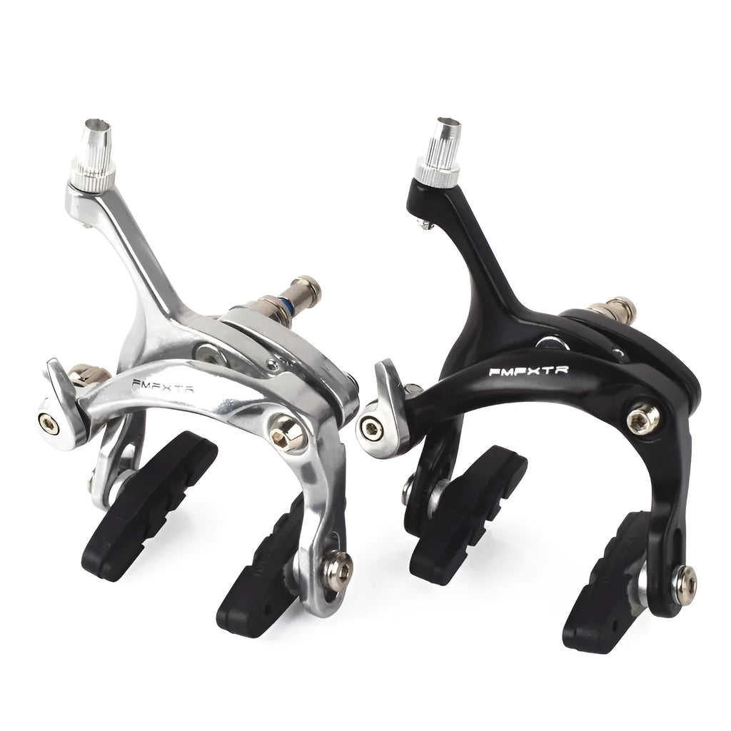 Black and silver U-shaped metal bicycle brake clamps with mounting screws for road bike installation.