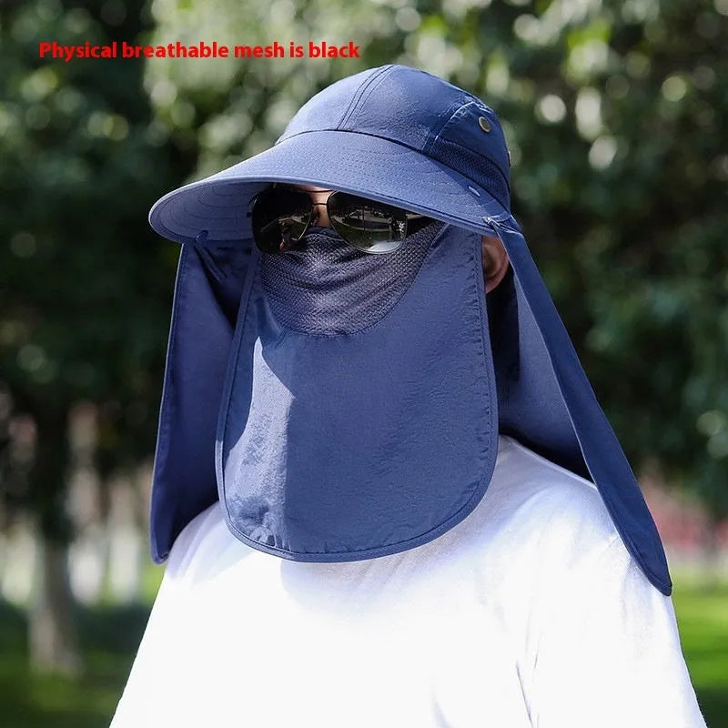 Men's sun protection hat with integrated USB fan and neck covering shawl in khaki colour