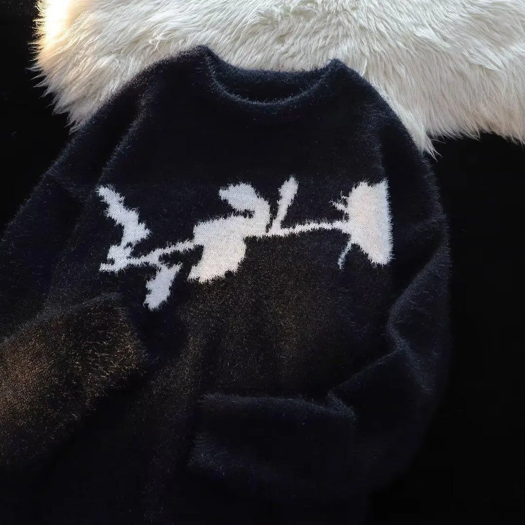 Men's grey pullover sweater with a dark rose flocking horse design on the chest.