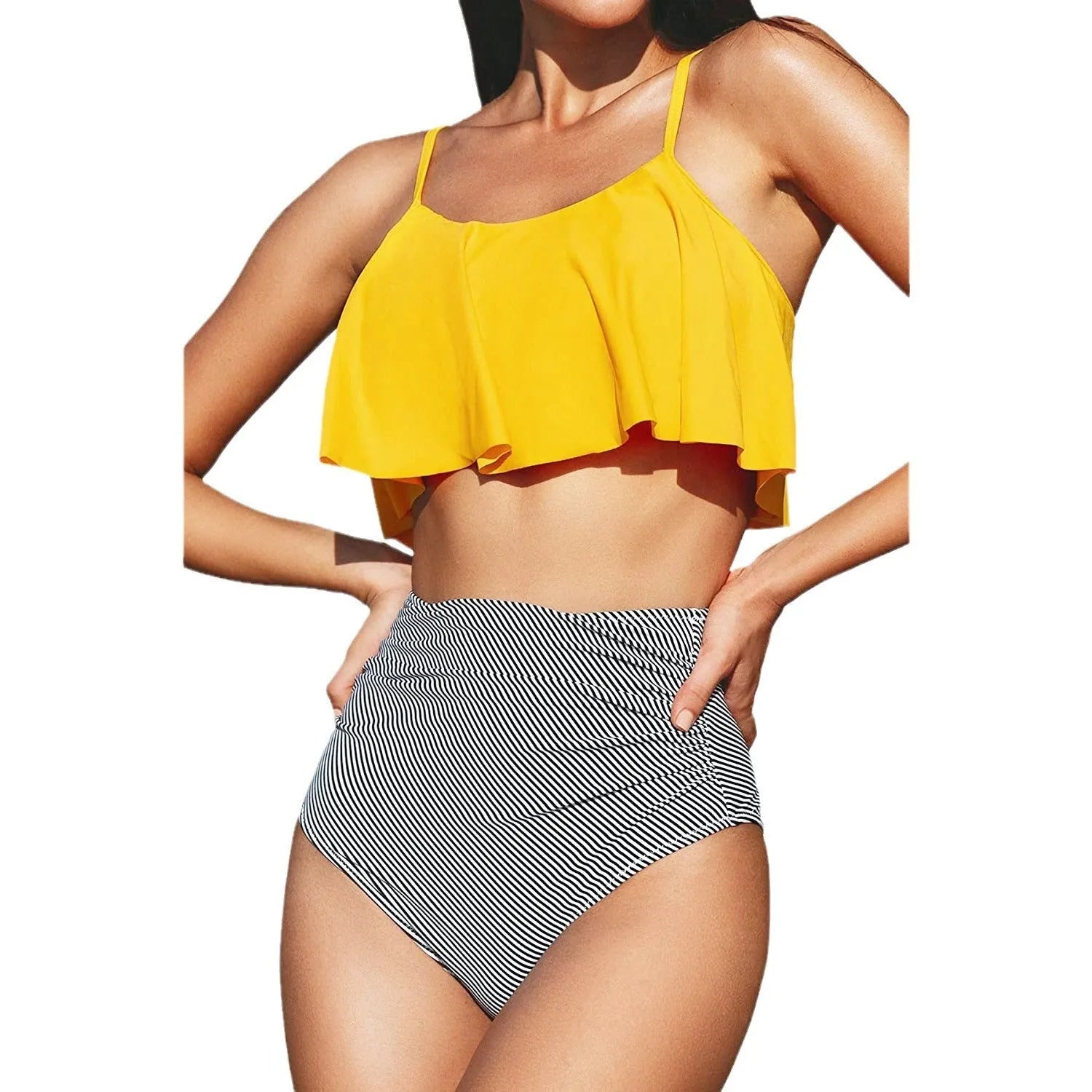 Striped ruffled bikini swimsuit in solid colours with backless briefs and European styling