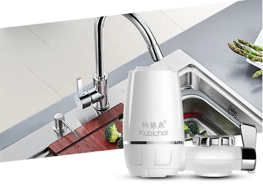 White plastic faucet water filter with ceramic cartridge and universal adapters for kitchen tap installation