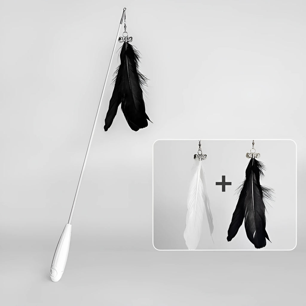 Telescopic cat fishing rod toy with goose feather attachments and a removable bell, shown extended and collapsed.