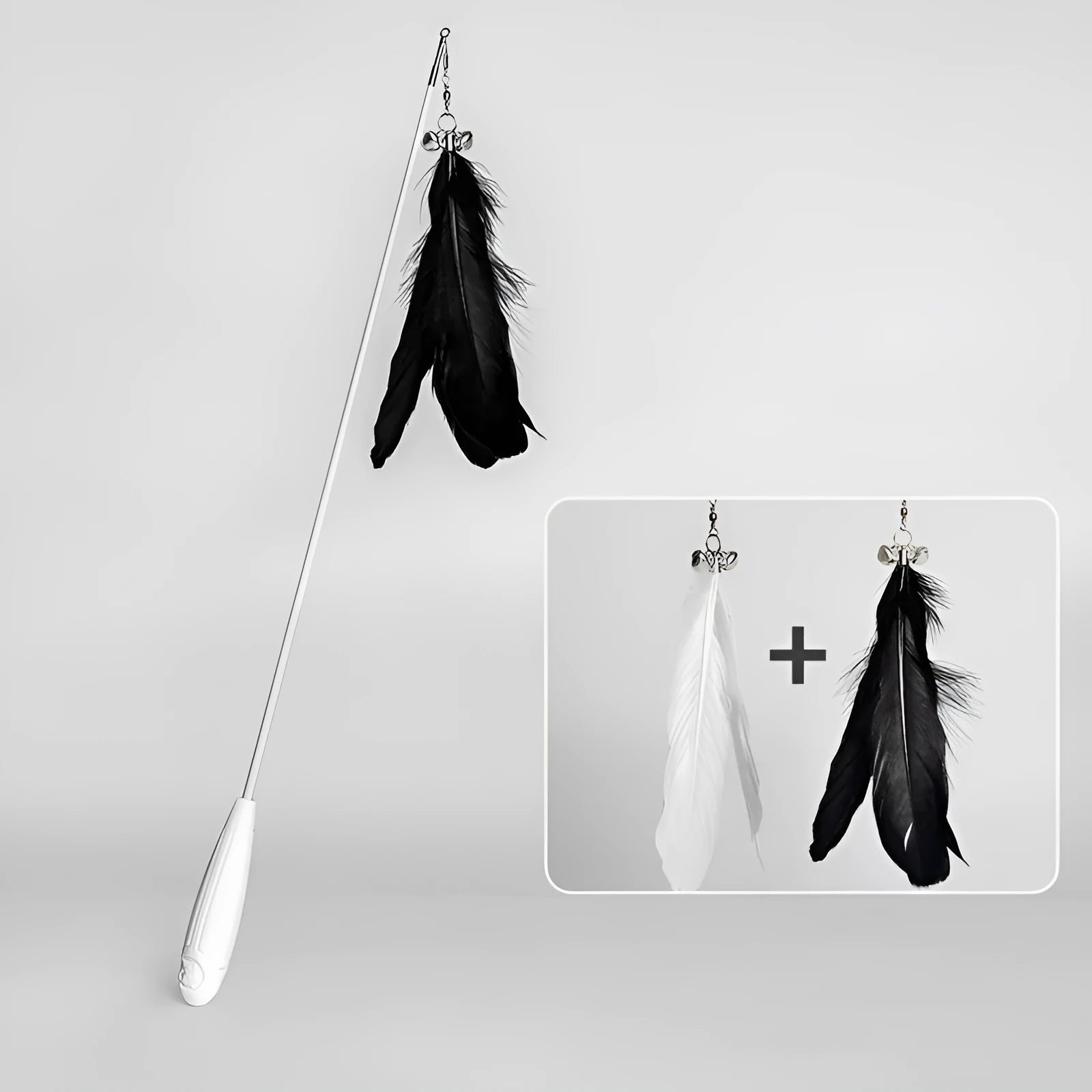 Telescopic cat fishing rod toy with goose feather attachments and a removable bell, shown extended and collapsed.