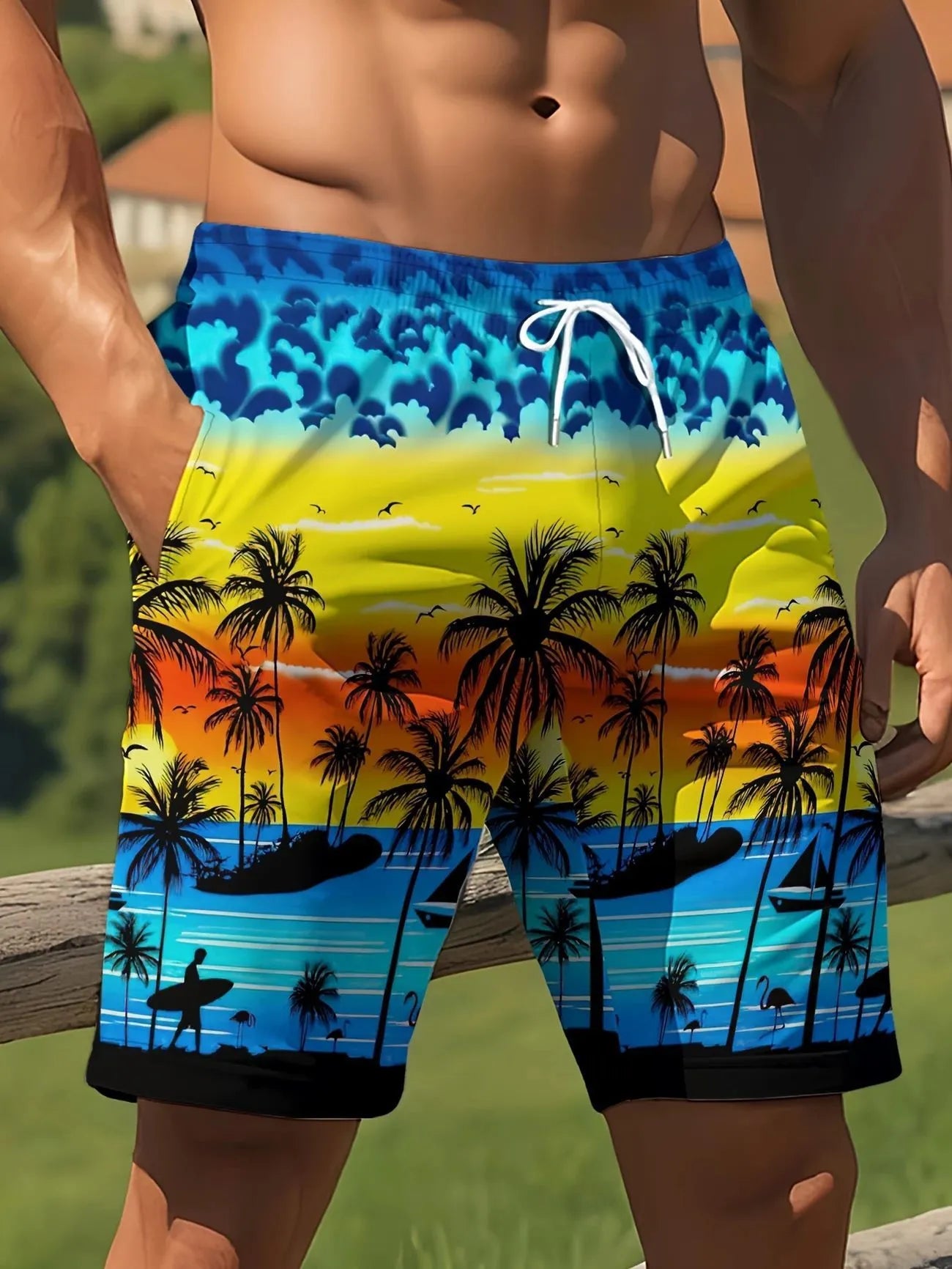Man's 3D printed quick-dry swimming trunks in a summer design colour, showing micro-elastic polyester fabric.