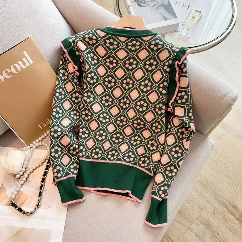 Green women's printed sweater with loose fit design for commuting wear