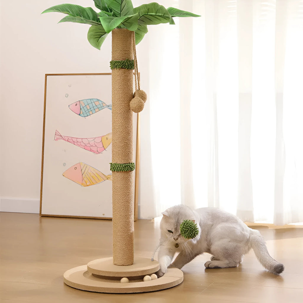 Vertical cat scratching post with natural hemp rope wrap in a canna colour on a simple frame.