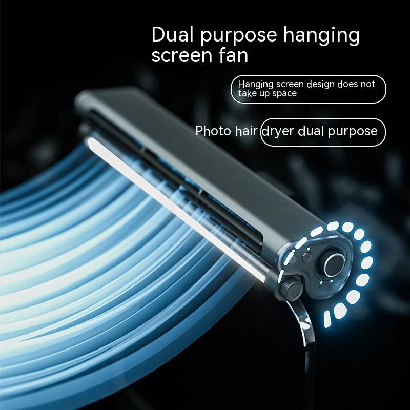 Black USB-powered bladeless fan clipped to a laptop screen with an integrated lighting lamp.