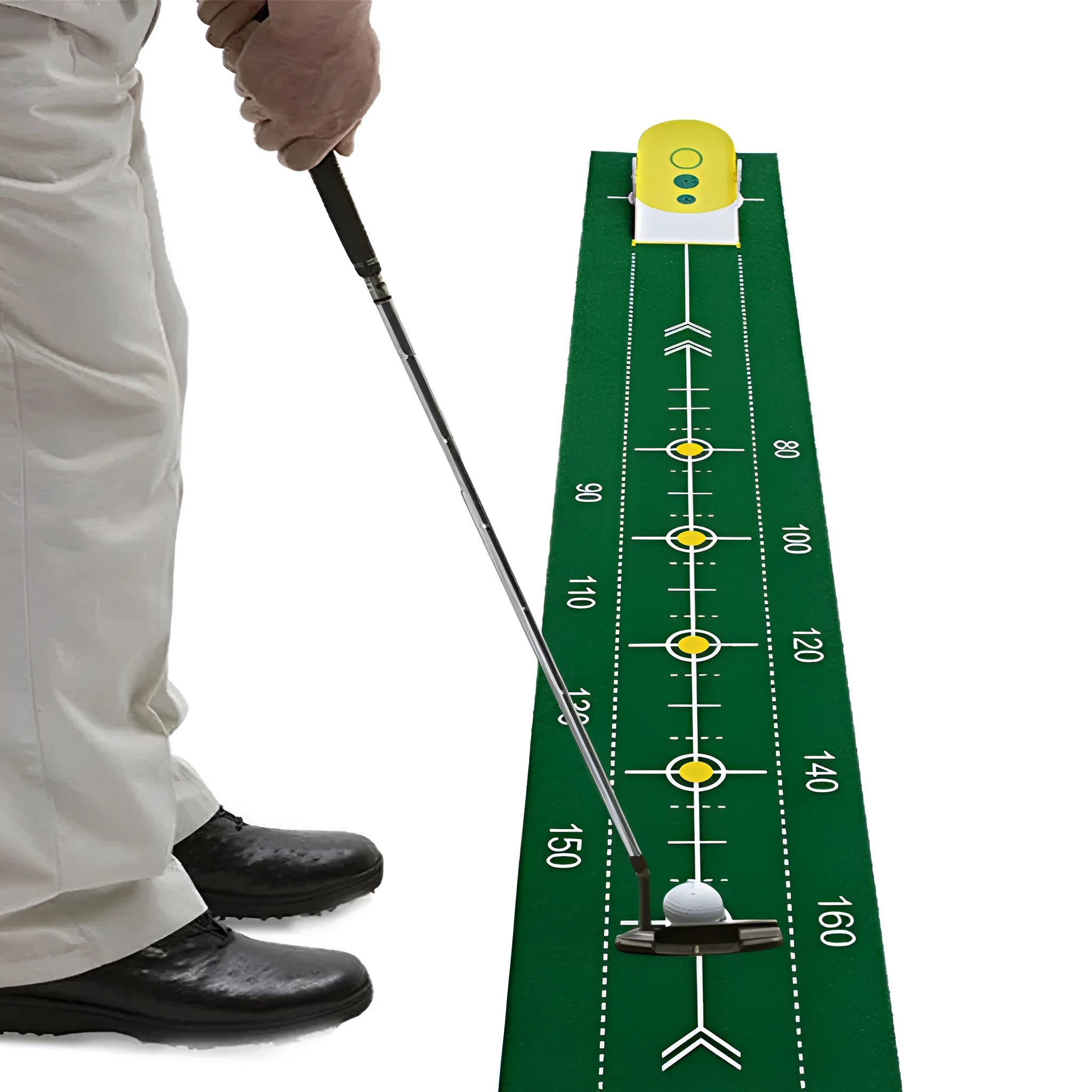 Precision putter exerciser on a green non-woven blanket with a 27cm simulator target for indoor golf practice