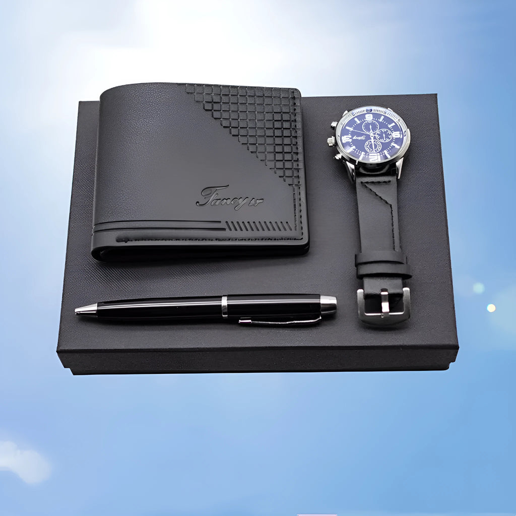 Modern business gift set containing a brown wallet, pen, and watch inside an elegant presentation box.