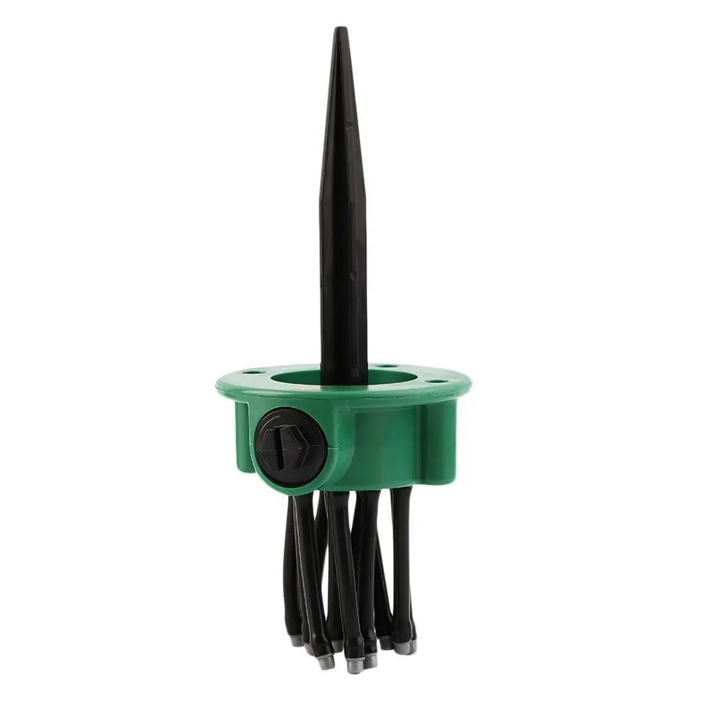 Green adjustable lawn sprinkler with flexible watering noodles on a 9cm base.