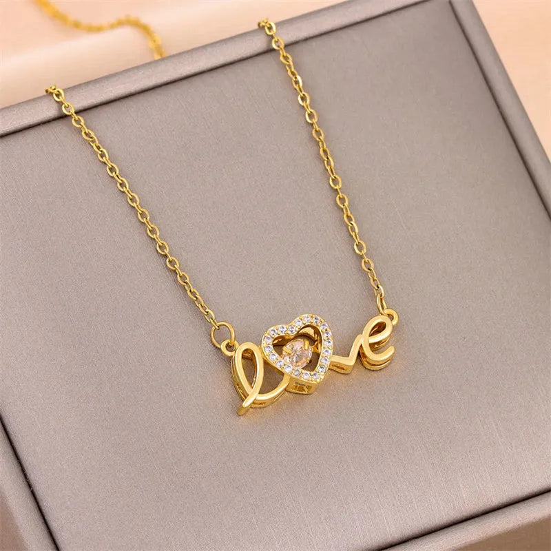 Gold titanium steel clavicle chain necklace with love pendant for women