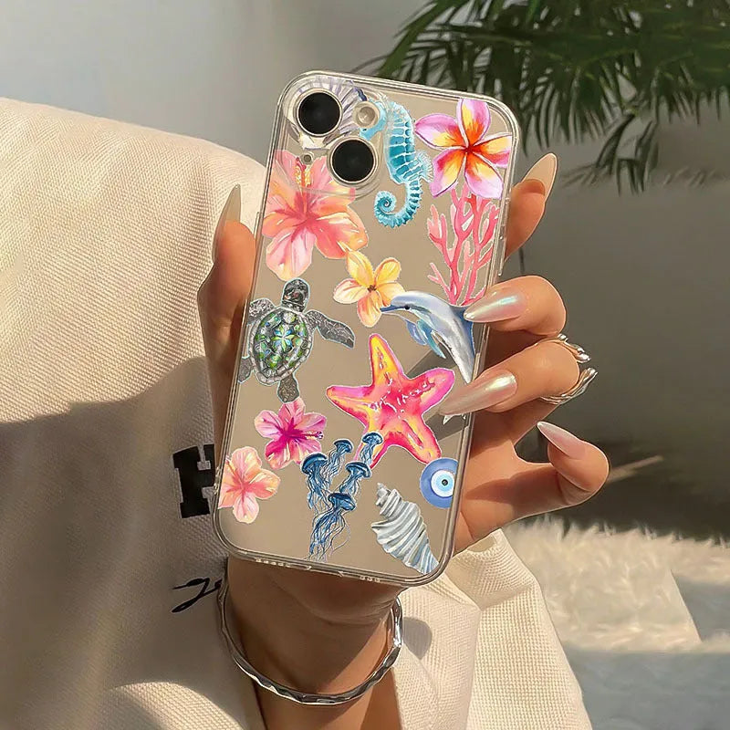Transparent TPU iPhone case with hand-painted dolphin and turtle design on soft shell
