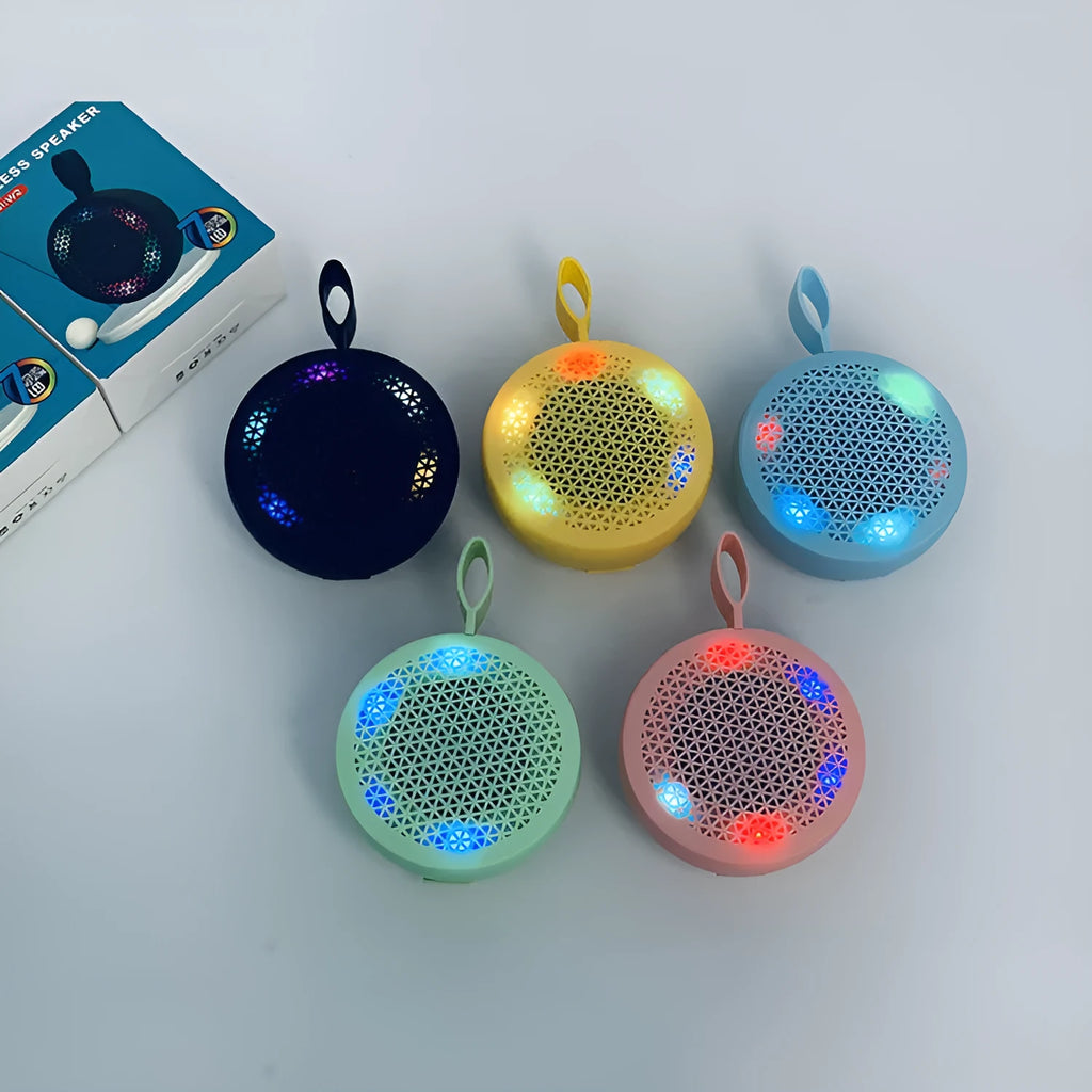 Pink mini Bluetooth speaker with plastic shell and button controls, 82x82x40mm