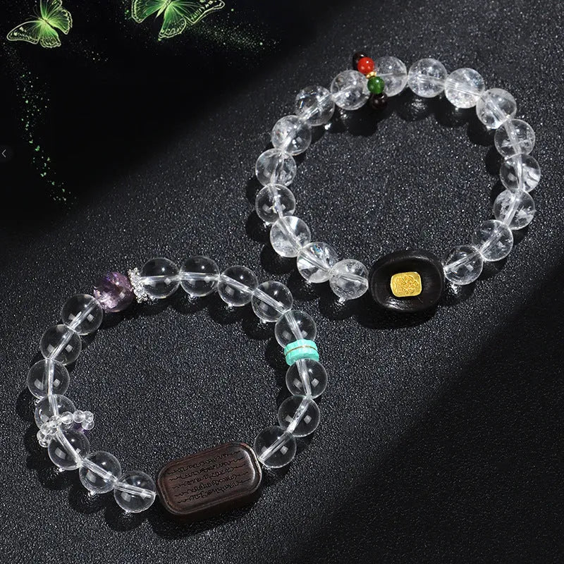 Handcrafted white crystal ebony five warp bracelet with ethnic design on blackwood
