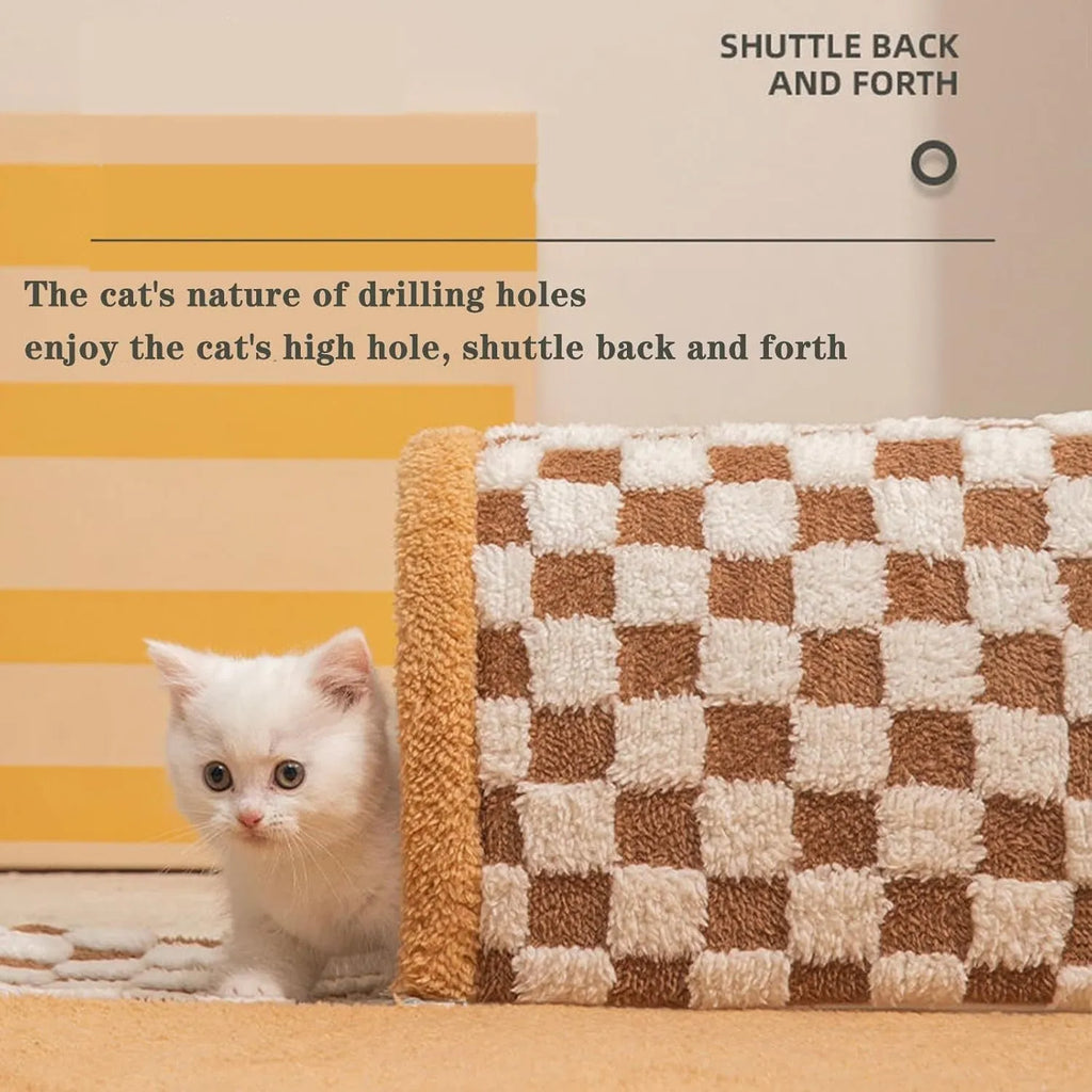 Brown and yellow plaid plush cat tunnel bed with central mat and non-slip bottom.
