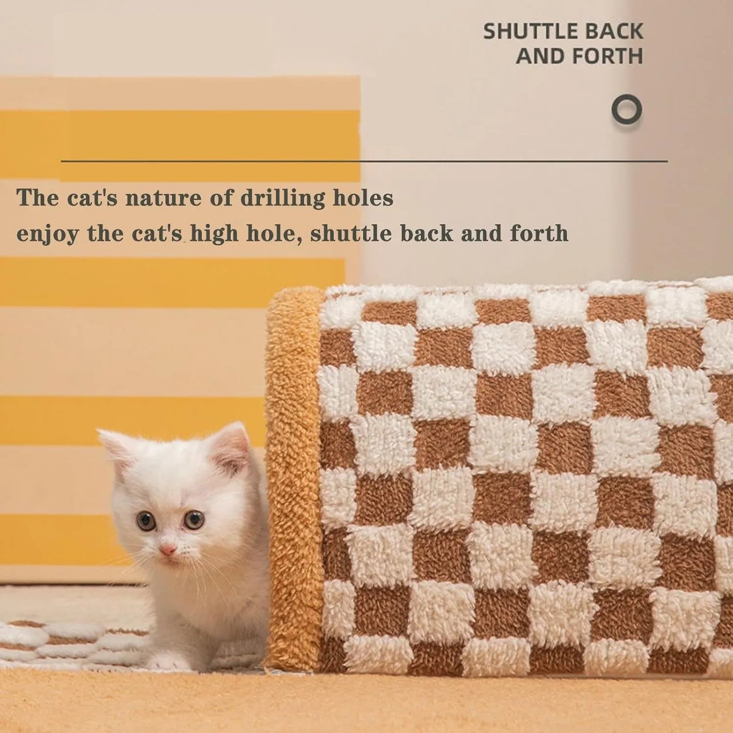 Brown and yellow plaid plush cat tunnel bed with central mat and non-slip bottom.