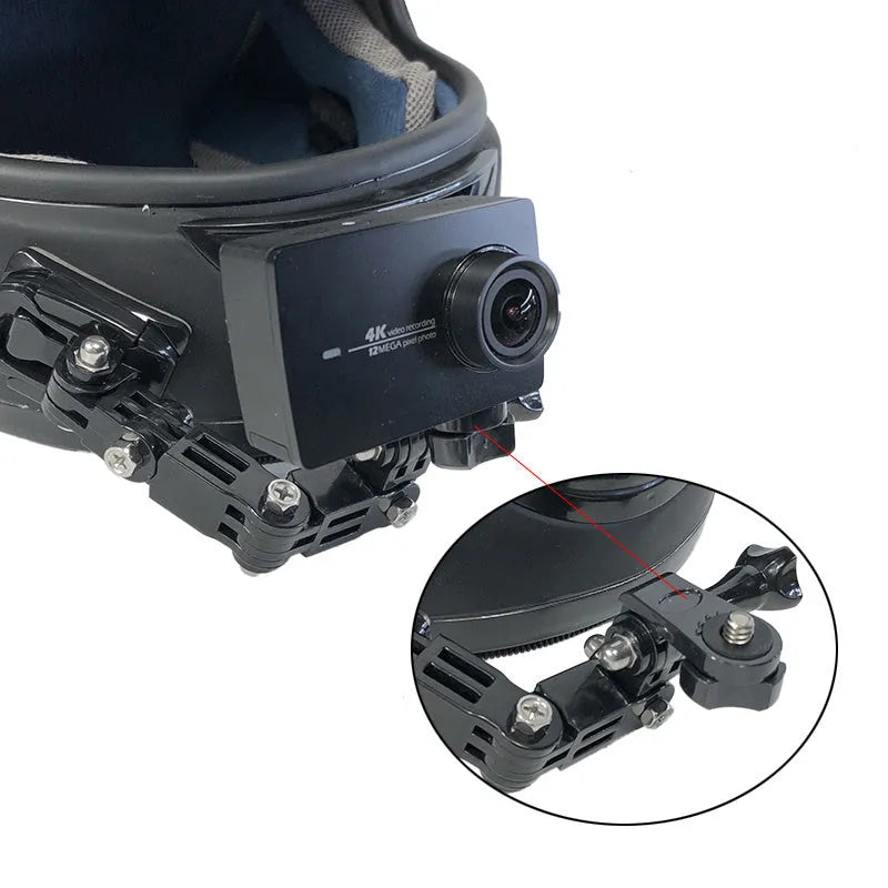 Black camera bracket mounted on a motorcycle helmet, made of ABS and stainless steel