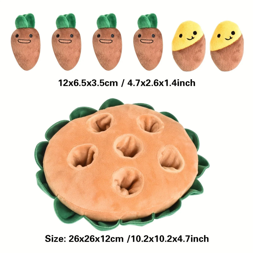 Yellow interactive dog puzzle pad with removable squeaky plush toys for foraging and slow feeding