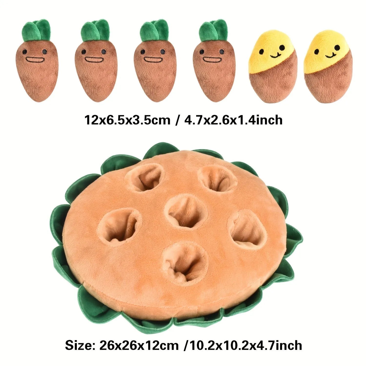Yellow interactive dog puzzle pad with removable squeaky plush toys for foraging and slow feeding
