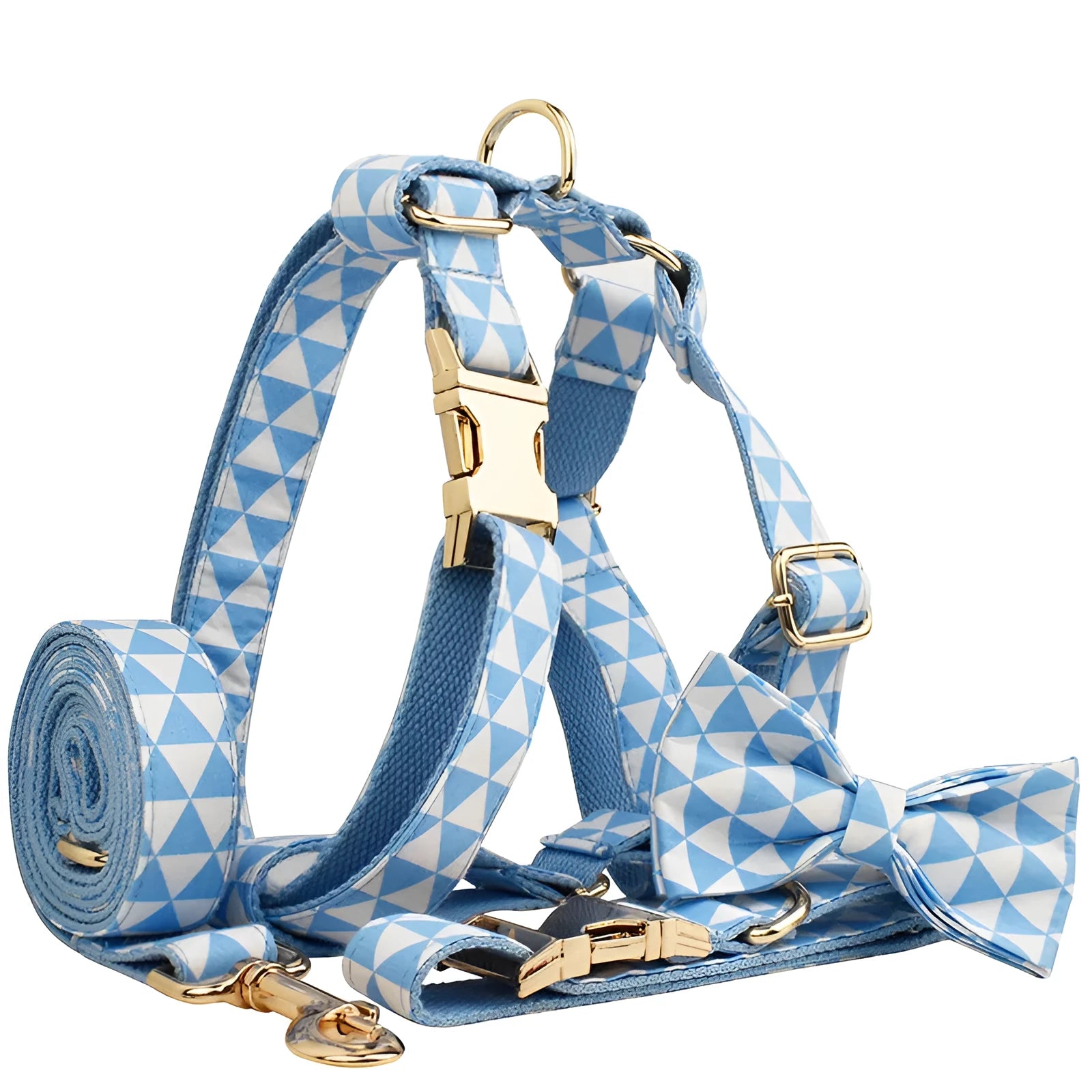 Blue cloth dog collar, leash, vest, and bow set with triangular ring rope design on a white background.