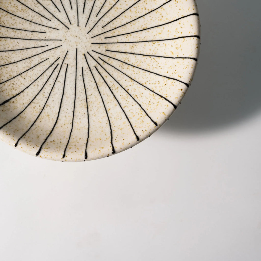 Black and white striped retro style synthetic resin fruit plate on a wooden surface.