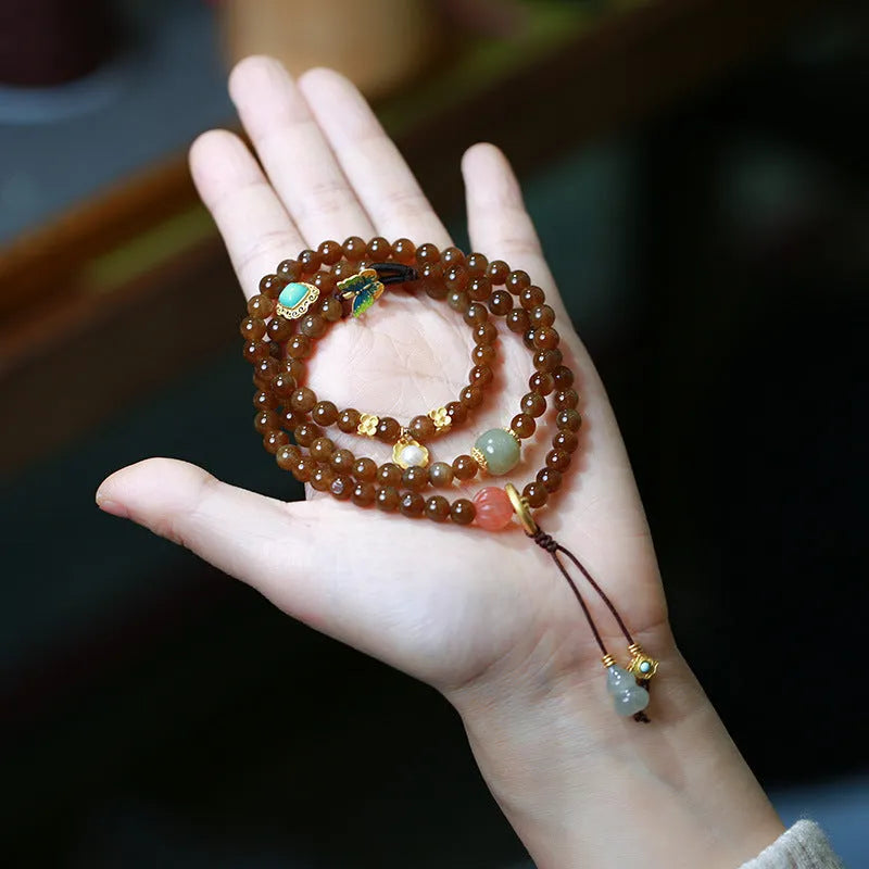 Brown jade Hetian jade three-ring bracelet with geometric design and silver-plated accessories